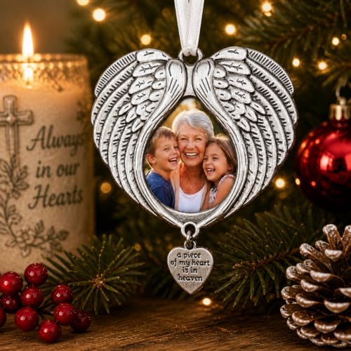 Christmas Ornaments Angel Wings - New A Piece of My Heart is in Heaven Ornament for Christmas Tree with Photo Frame - Double Sided Memorial Ornament for Loss of Loved One - | New A Piece of My Heart is in Heaven, Tree with Photo Frame, Double Sided, Loss