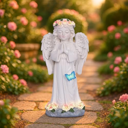 Dlfghos Solar Garden Angel Statue Solar Angel Outdoor Garden Decor Statues Praying Angel Memorial Figurine Light Decorations for Outside Yard Lawn Garden Cemetery Decor Gifts for Mom Grandma Women