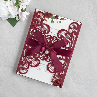 20Pcs Burgundy Laser Cut Wedding Invitation Cards With Envelopes - color: Burgundy