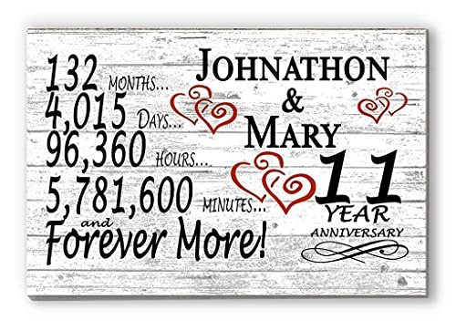 Personalized 11 Year Anniversary Sign Gift 11th Wedding Anniversary Present For Couple Days Minutes Years - Solid Wood - 16.5in x 10.5in x .75in (11 Year) - color: 11 Year