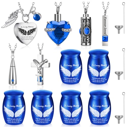 Ecation 12 Set Small Urn Cremation Jewelry Necklaces for Ashes Stainless Steel Keepsake Urns Memorial Locket Mini Ash Holders Waterproof for Human Adult Female Male Family Loved One(Blue) - color: Blue