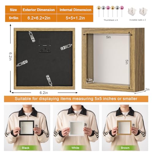 5x5 Small Shadow Box Frame with Ultra-Clear Glass & Soft Linen Back | With Push Pins, Deep 1.2" Brown Shadow Box Display Case – Display on Tabletop or Wall for Insect, Photo, Flower, Keepsakes - color: Brown+high Definition Panel + Shatter-proof Packaging