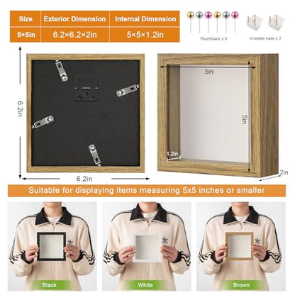 5x5 Small Shadow Box Frame with Ultra-Clear Glass & Soft Linen Back | With Push Pins, Deep 1.2" Brown Shadow Box Display Case – Display on Tabletop or Wall for Insect, Photo, Flower, Keepsakes - color: Brown+high Definition Panel + Shatter-proof Packaging