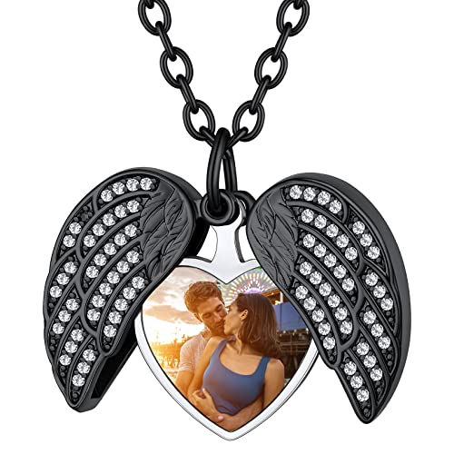 Custom4U Personalized Heart Locket Necklace with Pictures,Sunflower/Angel Wings/Heart Shaped Lockets Custom Photo,Gold/Rose Gold/White Lockets That Holds Picture,Customized Memorial Jewelry for Women - color: B-Angel Wings-Black(Locket + Photo + Engraving