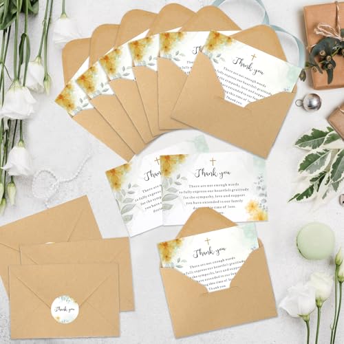 50 Set Funeral Thank You Cards with Envelopes and Matching Seal Stickers,Thank You Sympathy Cards with Message,Bereavement Sympathy for Funeral Family Friends Loved Ones（flowers） - style: Flower
