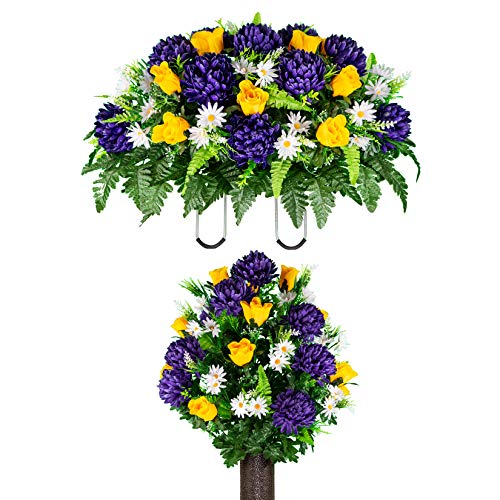 Artificial Cemetery Flowers – Realistic Vibrant Roses, Outdoor Grave Decorations - Non-Bleed Colors, and Easy Fit - 1 Purple Mum and Yellow Rose Bouquet & 1 Saddle - color: Purple/Yellow, size: 1 Bouquet and 1 Saddle