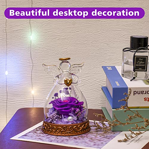 Preserved Real Rose in Glass Angel Figurine with LED Light, Angel Gifts for Women, Mom, Grandma on Mother's Day Christmas Birthday (Purple) - color: Purple