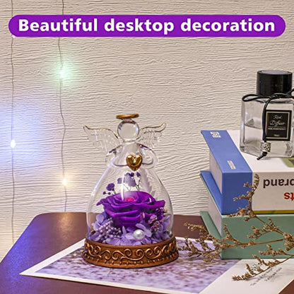 Preserved Real Rose in Glass Angel Figurine with LED Light, Angel Gifts for Women, Mom, Grandma on Mother's Day Christmas Birthday (Purple) - color: Purple