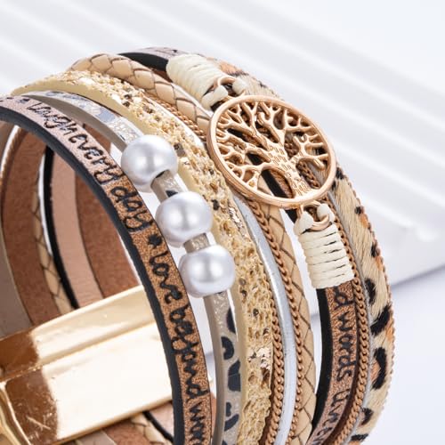Tree of Life Inspirational Leather Wrap Bracelets Boho Western Cowgirl Cuff - color: Beige Cheetah