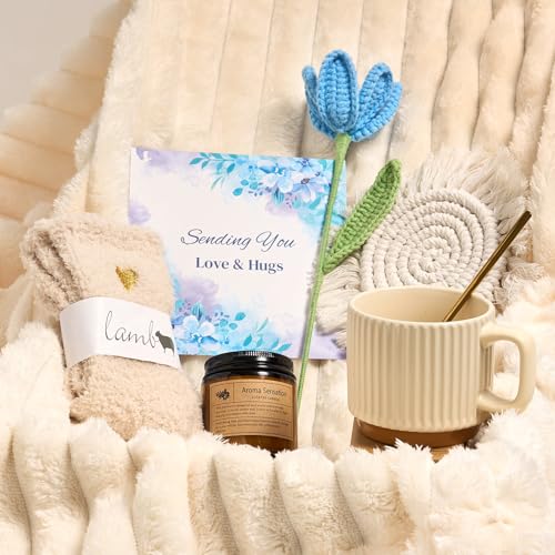 Get Well Soon Gifts for Women, Hug in a Box Care Package with Blanket & Mug, Surgery Recovery Gift Basket for Mom, Grandma, Sister, Friends – Blue Comfort Box with Best Wishes for Mother's Day