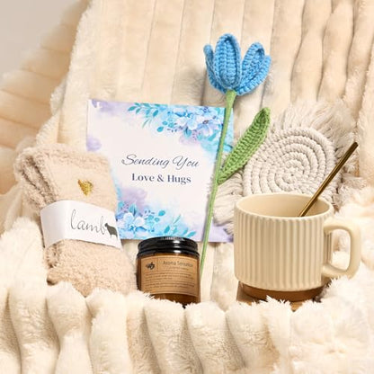 Get Well Soon Gifts for Women, Hug in a Box Care Package with Blanket & Mug, Surgery Recovery Gift Basket for Mom, Grandma, Sister, Friends – Blue Comfort Box with Best Wishes for Mother's Day