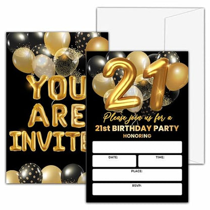 21st Birthday Invitations, Black and Gold Birthday Party Invitations, Gold Balloon Birthday Party Fill In Invitation Cards, Birthday Party Favor Supplies (20 Invites With 20 Envelopes) -21st - style: 21st