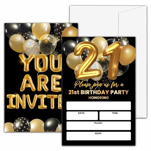 21st Birthday Invitations, Black and Gold Birthday Party Invitations, Gold Balloon Birthday Party Fill In Invitation Cards, Birthday Party Favor Supplies (20 Invites With 20 Envelopes) -21st - style: 21st