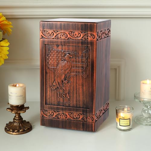 Eagle and American Flag Wooden Urn for Human Ashes Adult – Full Size 300 Cubic Inches Cremation Urn (11.3” H), Carved Solid Wood Patriotic Memorial Urn for Military Veteran or Father