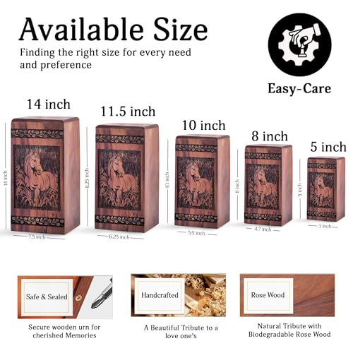 Horse Miniature Wooden Urns for Ashes - Funeral Memorial Urns for Male 8" | Keepsake Wood Urns for Human Ashes for Adult Female, Cremation Wooden Ash Holder, Remembrance Gift - size: 8x4.7INCH