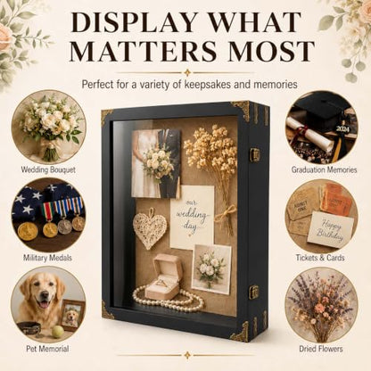 16x20x4.7 Inch Large Shadow Box Frame, 3.5-Inch Deep (Rustic Black) | Tempered glass, solid wood and linen backing for rustic wall display of wedding bouquets, graduation caps and keepsakes - size: 16x20 Inch