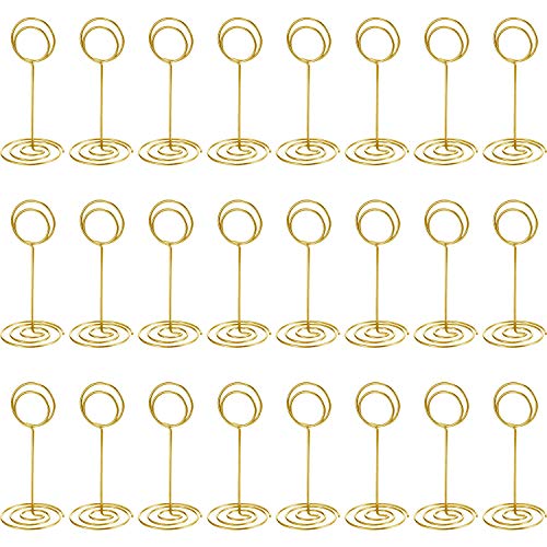 TecUnite 24 pcs 3.35 Inch Picture Clips Table Place Photos Card Holder Gold | number Cards Holds Menus Name, Wedding Reception Birthday Party Centerpieces, Durable Metal Wire,Spiral Base - color: Gold