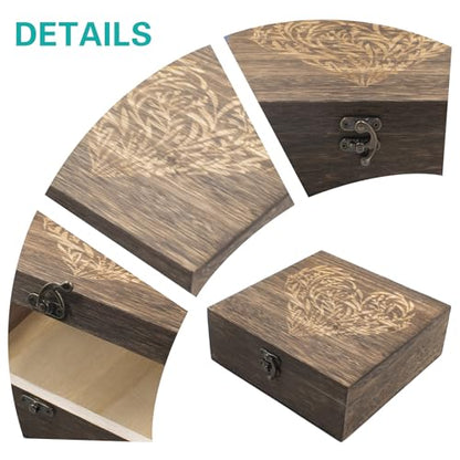 Wooden Memory Keepsake Box with Lid, Floral Heart Engraved Keepsake Box Decorative Storage Case For Photos Letter Time Capsule, 7.7 x 7.7 x 2.7 Inches