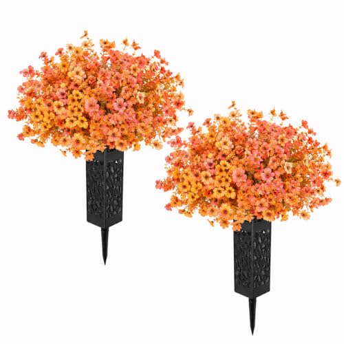 Cemetery Flowers for Grave with Vases, 2pcs Fall Artificial Flowers Cemetery Decorations for Grave, Faux Bouquet Graveyard Memorial Flowers for Cemetery Decoration, Thanksgiving Silk Funeral Floral - color: Orange Yellow