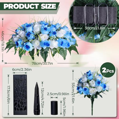 3 PCS Artificial Cemetery Flowers for Grave, Headstone Flower Saddle - color: Blue and White