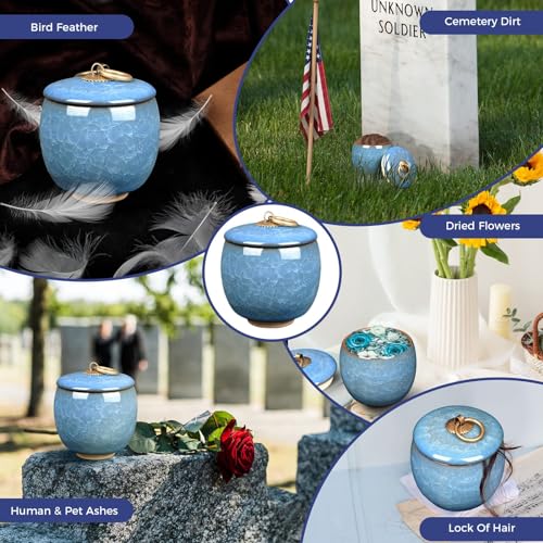 Small Urns for Human Ashes Keepsake, Ceramic Ice Crack Memorial Keepsake Cremation Urns Token Urns Mini Sharing Funeral Urns with Black Premium Box,Sky Blue - color: Sky Blue
