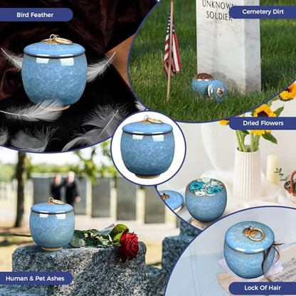 Small Urns for Human Ashes Keepsake, Ceramic Ice Crack Memorial Keepsake Cremation Urns Token Urns Mini Sharing Funeral Urns with Black Premium Box,Sky Blue - color: Sky Blue