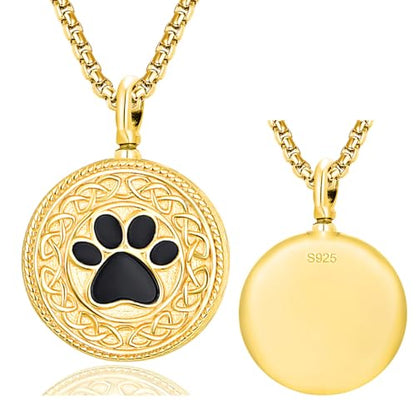 Pet Cremation Urn Necklace for Dog Cat Ashes 925 Sterling Silver Paw Print Keepsake Pendant Celtic Knot Memorial Jewelry for Women Men - style: 00E-Round Urn-(Gold Plated Personalized)