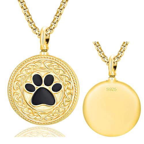Pet Cremation Urn Necklace for Dog Cat Ashes 925 Sterling Silver Paw Print Keepsake Pendant Celtic Knot Memorial Jewelry for Women Men - style: 00E-Round Urn-(Gold Plated Personalized)