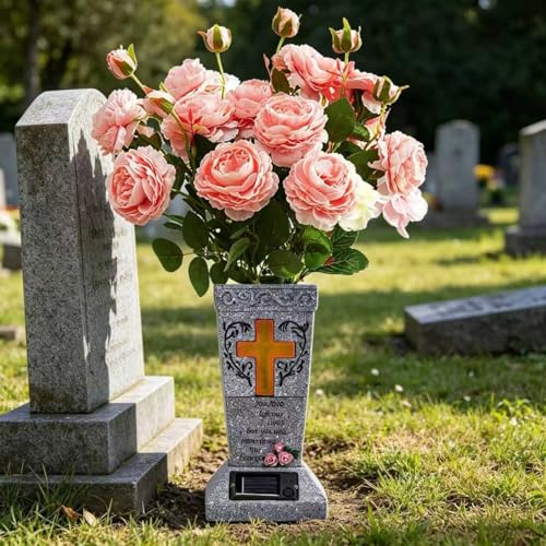 HUYIENO Solar Cemetery Vase for Grave Decor Cemetery Decor Waterproof Memorial Fresh or Artificial Flowers Holder with Warm Cross Light Sympathy Gifts for Loss of Loved One - style: Cross