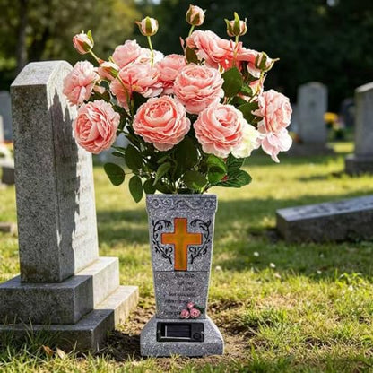 HUYIENO Solar Cemetery Vase for Grave Decor Cemetery Decor Waterproof Memorial Fresh or Artificial Flowers Holder with Warm Cross Light Sympathy Gifts for Loss of Loved One - style: Cross