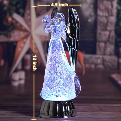 12" Angel Snow Globe Christmas Decor Light up Angel Figurines with 6 Hour Timer USB/Battery Operated Snowglobes with Silver Angels Wings