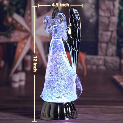 12" Angel Snow Globe Christmas Decor Light up Angel Figurines with 6 Hour Timer USB/Battery Operated Snowglobes with Silver Angels Wings
