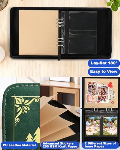 Adventure Leather Photo Album 4x6 200 Photos, DIY Scrapbook with 50 Sheets and 20 Blank Kraft Sheets, Travel Souvenir Diary Photo Book for Family Wedding Baby and Holiday Pictures - color: Green-text