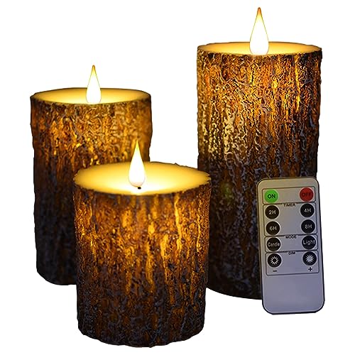 NICEME LED Pine Bark Flameless Candles Set of 3 Real Wax Battery Operated Candles Flickering Teardrop Wick Electric Decorative Pillar Bark Candles with Remote Timer, D3 x H4 5" 6" - color: Brown B, size: D 3”×H 4”5”6”