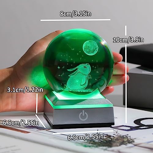 3.15'' Crystal Ball Engraved 3D Rabbit and Moon Stars, Colorful LED Base - color: Rabbit