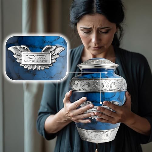 Set of 7 Plaque Custom Engraved Cremation Urns for Human Ashes Includes 1 Large Urn with 4 Small Keepsakes & 1 Silver Necklace - Fire Blue - color: Fire Blue Custom Plaque Urn Set
