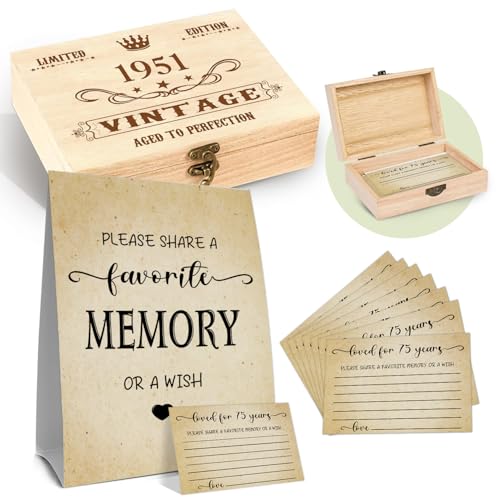 75th Birthday Party Share a Memory Set, 1951 Birthday Gifts for Women Men, 1951 Wooden Share A Memory Box with Memory Sign and 50 Pcs Memory Cards, 1951 Birthday Gifts, 75th Birthday Party Decorations - style: 75-1951