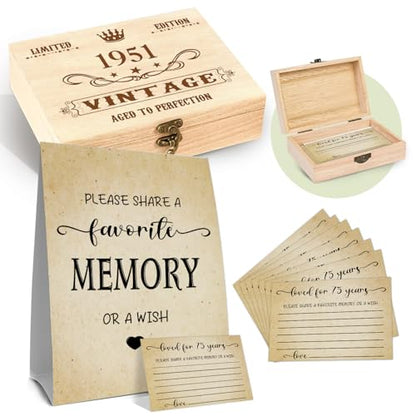 75th Birthday Party Share a Memory Set, 1951 Birthday Gifts for Women Men, 1951 Wooden Share A Memory Box with Memory Sign and 50 Pcs Memory Cards, 1951 Birthday Gifts, 75th Birthday Party Decorations - style: 75-1951
