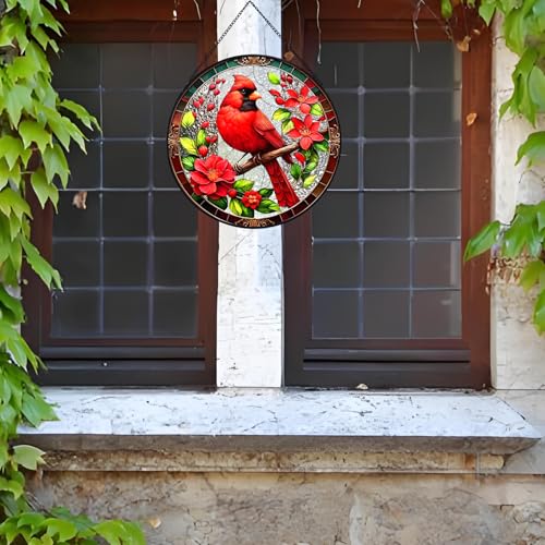 RIVEENY Cardinal Suncatcher Stained Glass, Stained Glass Window Hanging, Cardinal Gifts for Women, Red Birds Suncatchers for Windows, Hand Painted Glass for Birds Lover 20cm/7.87inch - color: Cardinal