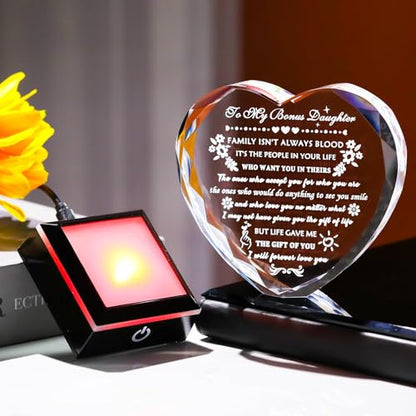 YWHL Bonus Daughter Gifts from Mom Dad Birthday Gifts for Bonus Daughter | Heart Shaped Crystal Keepsake with Colorful Base To My Bonus Daughter Stepdaughter Gifts on Christmas Graduation Valentine's - color: Bonus Daughter Gifts