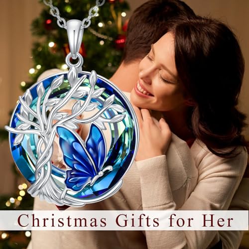 TOUPOP Butterfly Necklace for Women 925 Sterling Silver Tree of Life Butterflies Dragonfly Hummingbird Pendant Necklaces Crystal Jewelry Anniversary Christmas Birthday Gift for Her - color: Butterfly Blue