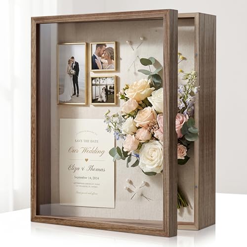 Shadow Box 13x16 Large Display Case with Linen Back and 8 Stick Pins, Solid Wood Memory Box Frame with Magnetic Door for Photos, Medals, Tickets, Wedding Bouquet and Memorabilia