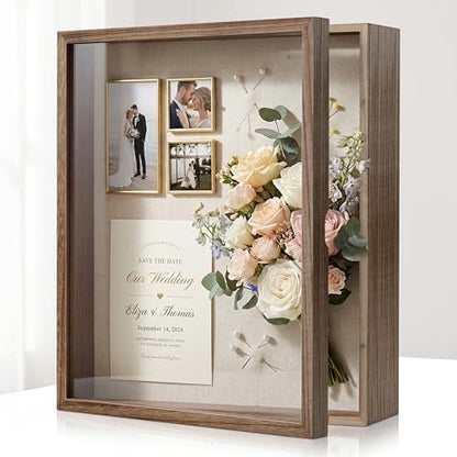 Shadow Box 13x16 Large Display Case with Linen Back and 8 Stick Pins, Solid Wood Memory Box Frame with Magnetic Door for Photos, Medals, Tickets, Wedding Bouquet and Memorabilia