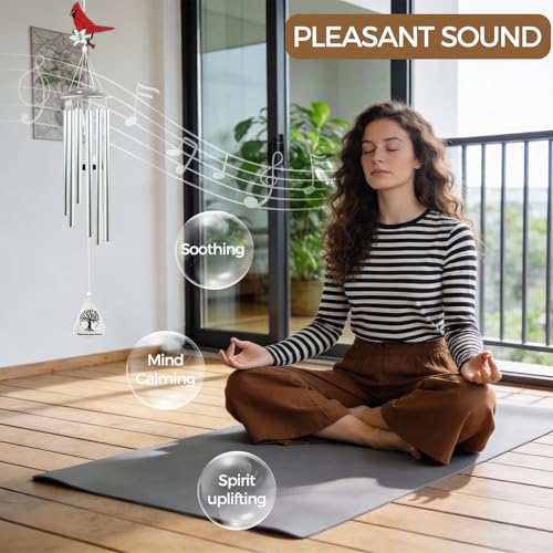 Wind Chimes for Outside, Sympathy Gift for Loss of Loved One, Sliver | Red Cardinal Sympathy Wind Chimes with Tree of Life Pendant, Weather-Resistant Aluminum Tubes, Bereavement Remembrance Gift - color: Sliver