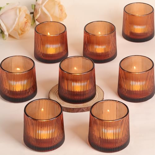 Amber Ribbed Tealight Votive Candle Holders Set of 10 | Votive Candle Holders for Table Centerpiece, Tea Light Candle Holder Glass for Wedding and Home Decor, Blue Decor and Gifts - color: Amber, size: 10Pcs