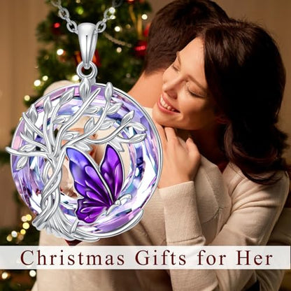 TOUPOP Butterfly Necklace for Women 925 Sterling Silver Tree of Life Butterflies Dragonfly Hummingbird Pendant Necklaces Crystal Jewelry Anniversary Christmas Birthday Gift for Her - color: Butterfly Purple