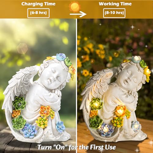 Garden Angels Outdoor Statue, Solar Cherub Baby Angel with Succulent | 8'' Resin Sleeping Angel Statue with Warm Glow, Angel Figurines Gardening Gifts for Mother Grandma Yard Patio Lawn Decoration - style: Sleeping Cherub