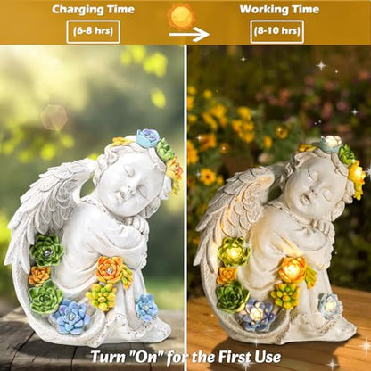 Garden Angels Outdoor Statue, Solar Cherub Baby Angel with Succulent | 8'' Resin Sleeping Angel Statue with Warm Glow, Angel Figurines Gardening Gifts for Mother Grandma Yard Patio Lawn Decoration - style: Sleeping Cherub