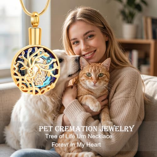 zeqingjw Pet Cremation Jewelry Tree of Life Urn Necklace for Ashes for Dog/Cat Funeral Ashes Keepsake Paw Print Urn Pendant Memorial Jewellery - color: Gold-Blue