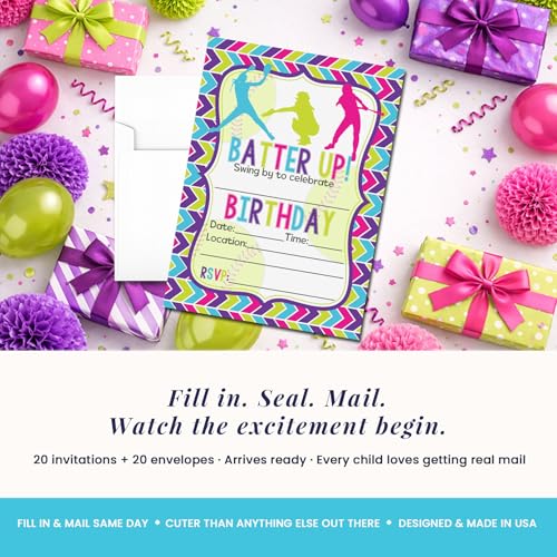 Amanda Creation Batter Up Softball Themed Birthday Party Invitations, 20 5x7 Fill-In Cards with Twenty White Envelopes - style: Batter Up Softball
